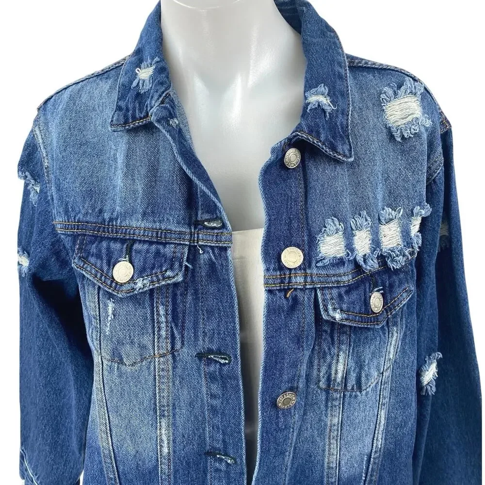 The Iconic Women's Blue Long Sleeve Button Down Distressed Denim Jeans Jacket M